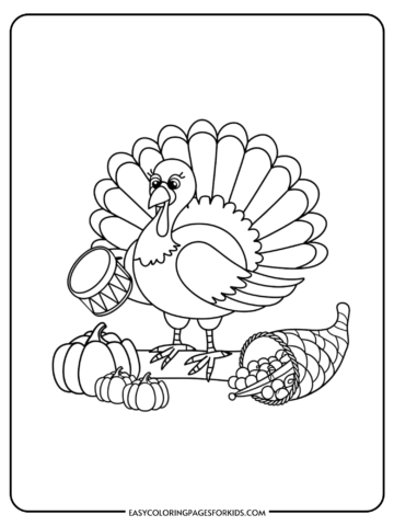 Coloring page featuring a cartoon turkey holding a drum, surrounded by pumpkins and a cornucopia, perfect for Thanksgiving-themed activities for kids.