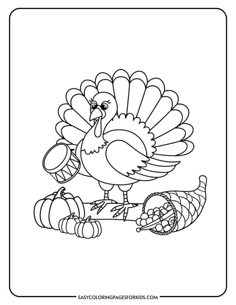 Coloring page featuring a cartoon turkey holding a drum, surrounded by pumpkins and a cornucopia, perfect for Thanksgiving-themed activities for kids.