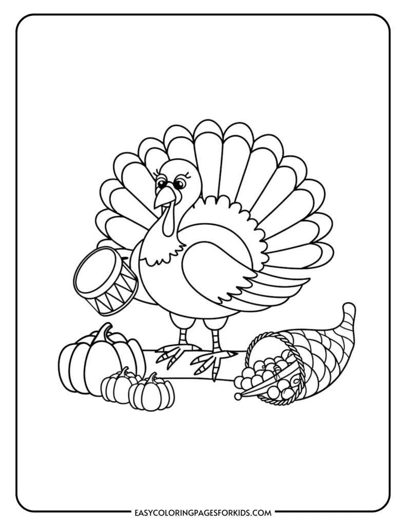 Coloring page featuring a cartoon turkey holding a drum, surrounded by pumpkins and a cornucopia, perfect for Thanksgiving-themed activities for kids.