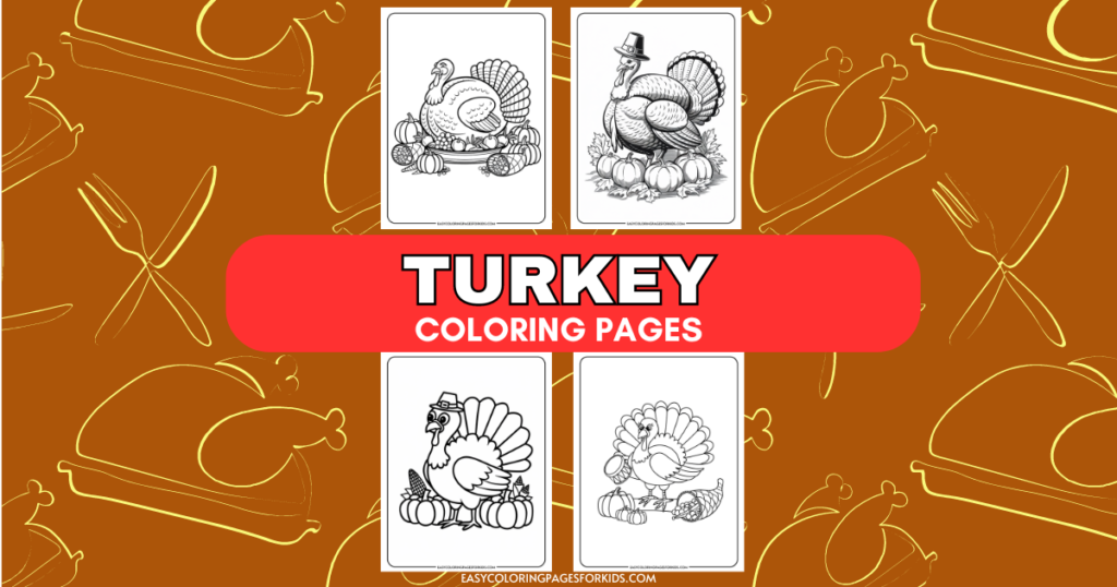 Turkey coloring pages featuring four fun and engaging designs, perfect for kids to celebrate Thanksgiving. Includes images of turkeys surrounded by pumpkins and festive elements, set against a warm, themed background. Ideal for educational and creative activities.