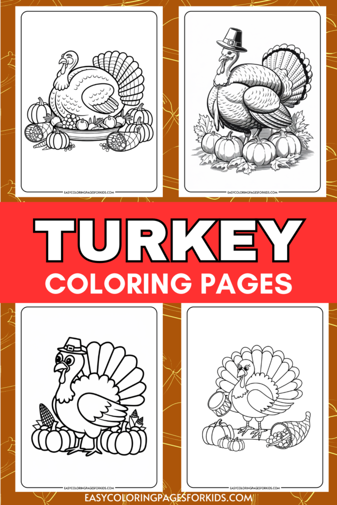 Turkey coloring pages featuring four whimsical turkey illustrations surrounded by pumpkins and festive decorations, ideal for Thanksgiving-themed activities.