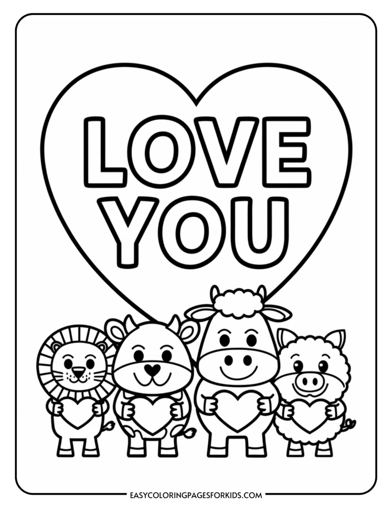 Coloring page featuring cute cartoon animals, including a lion, cow, sheep, and pig, each holding a heart, with the text "LOVE YOU" prominently displayed in a large heart shape. Ideal for kids' activities and Valentine's Day crafts.