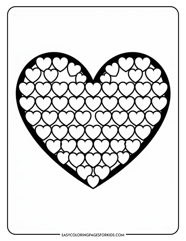 Black and white coloring page featuring a large heart filled with smaller heart patterns, ideal for kids' art and creativity activities.