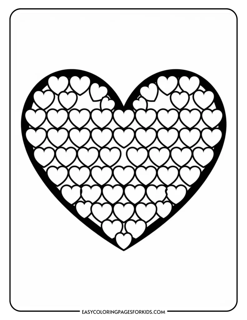 Black and white coloring page featuring a large heart filled with smaller heart patterns, ideal for kids' art and creativity activities.