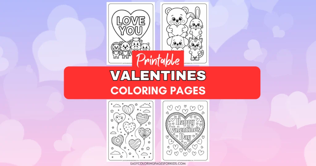 Printable Valentine's coloring pages featuring cute animals, hearts, and festive messages, perfect for kids' Valentine's Day activities.