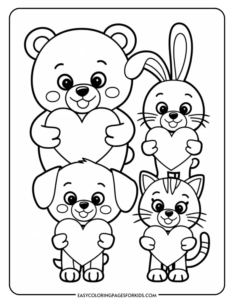 Cute coloring page featuring a bear, rabbit, dog, and cat, all holding heart shapes. Ideal for children's art activities and promoting creativity. Perfect for Valentine's Day or any occasion celebrating love and friendship.