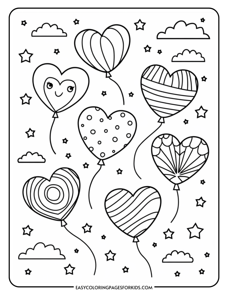 Black and white coloring page featuring various heart-shaped balloons with different patterns, surrounded by clouds and stars, ideal for children's art activities.