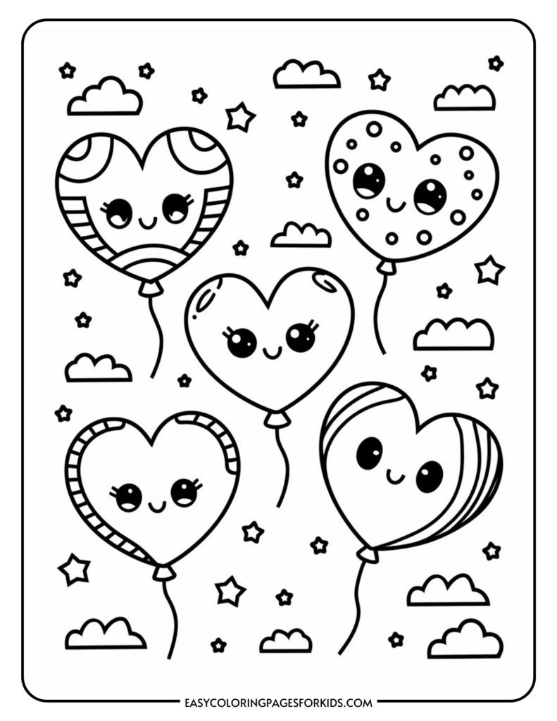 Coloring page featuring five cute heart-shaped balloons with smiling faces, surrounded by clouds and stars, ideal for kids' activities and creative fun.