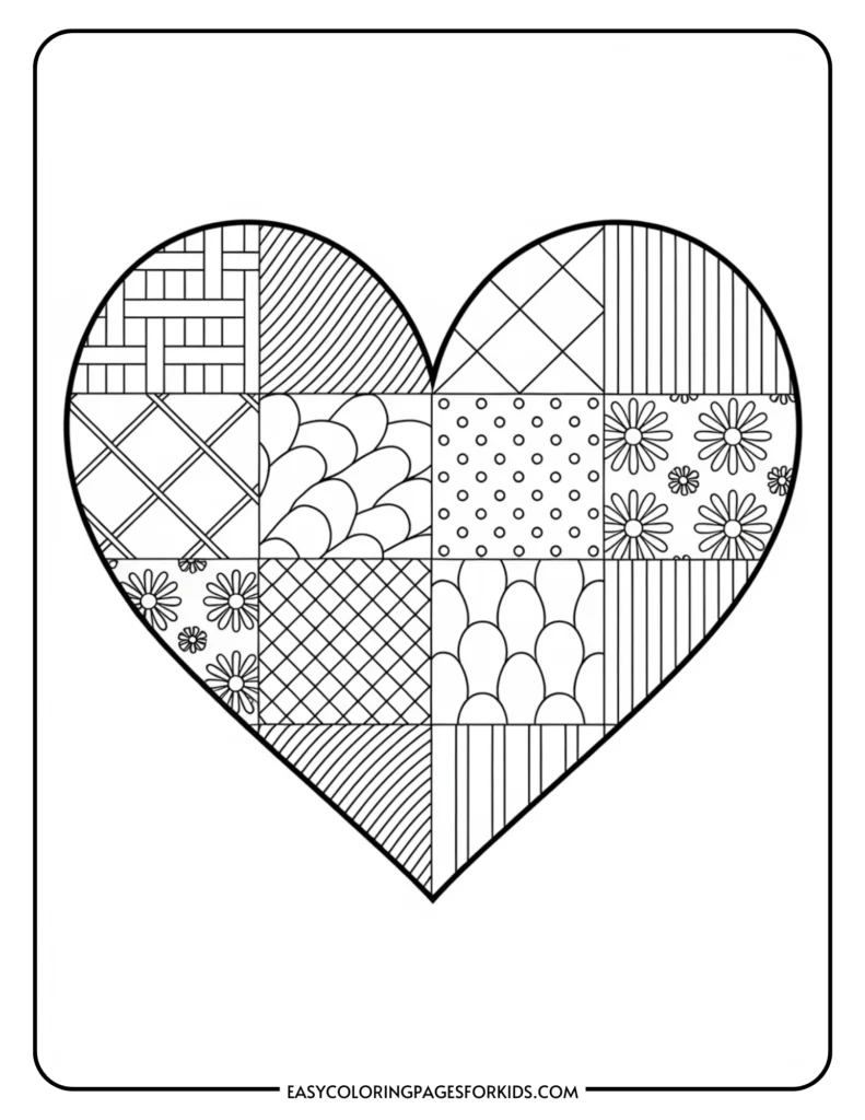 Black and white coloring page featuring a heart design divided into various patterns including flowers, stripes, and polka dots, ideal for kids' art activities.