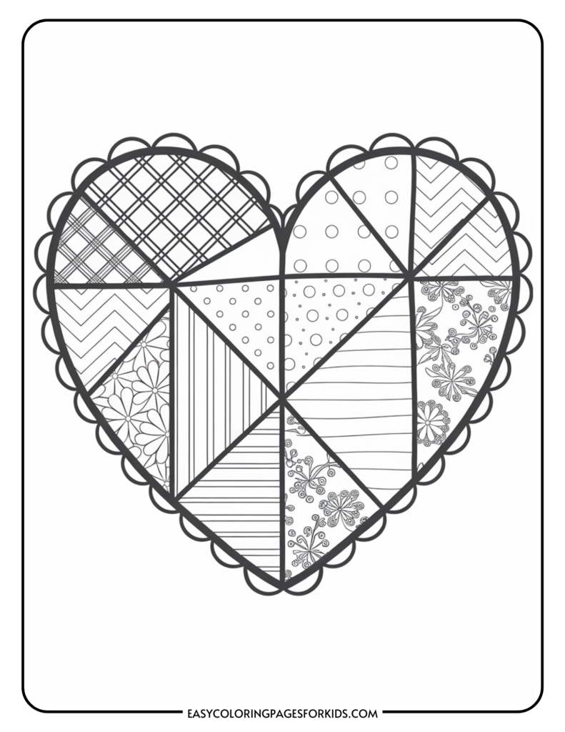 Coloring page featuring a heart shape divided into various patterns, including stripes, polka dots, and floral designs, ideal for children's art activities.