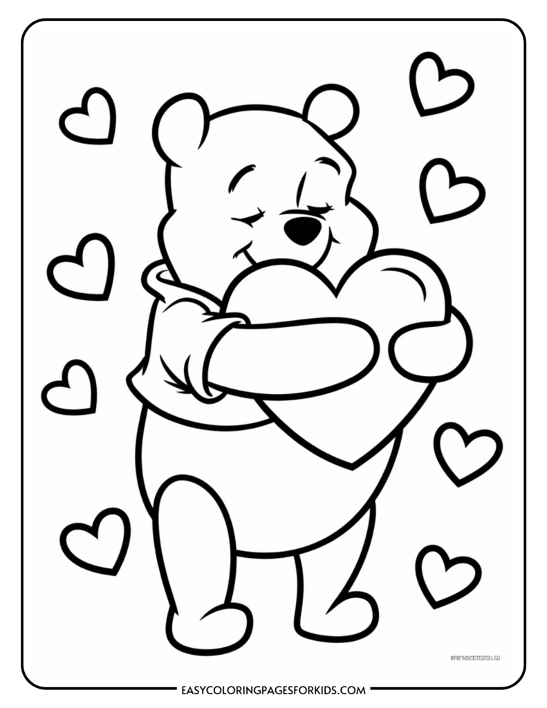 Coloring page featuring a cheerful bear holding a heart surrounded by smaller hearts, ideal for children's art activities.