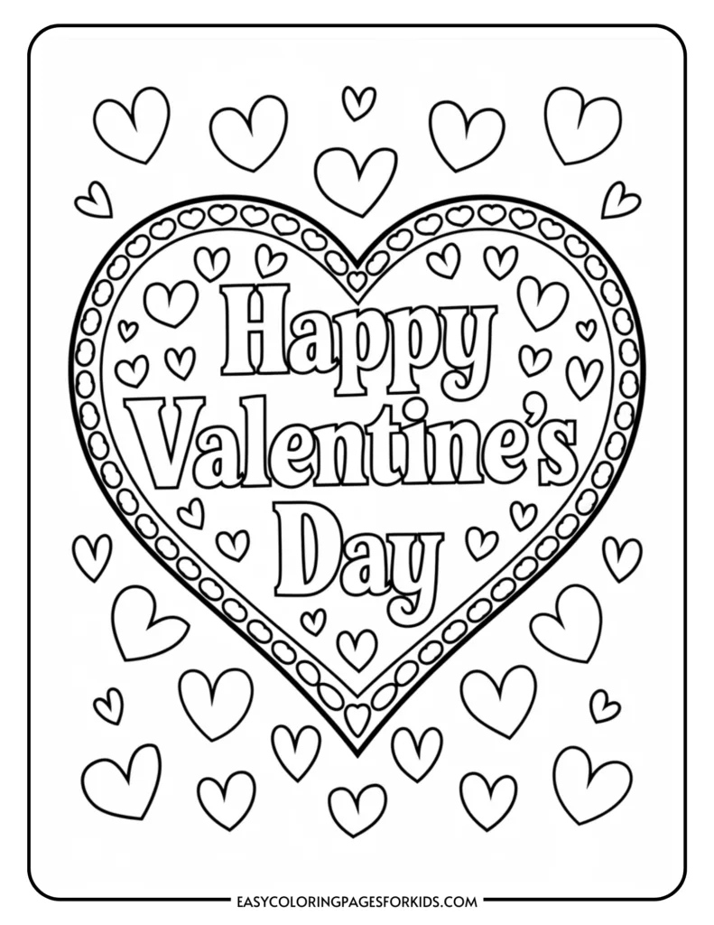 Black and white coloring page featuring the text "Happy Valentine's Day" inside a heart, surrounded by various heart shapes, ideal for kids' Valentine’s Day activities.