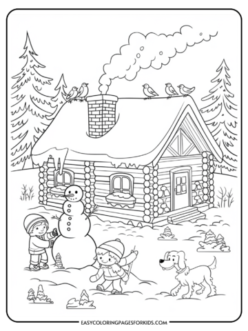 Two children building a snowman outside a log cabin, surrounded by snow-covered trees and birds on the roof, with a playful dog nearby. Ideal for winter-themed coloring activities for kids.