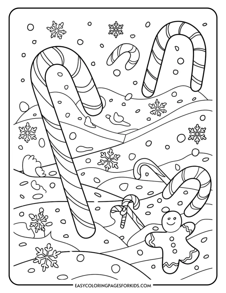 Coloring page featuring candy canes, a gingerbread man, and snowflakes in a winter landscape, perfect for children's holiday activities.