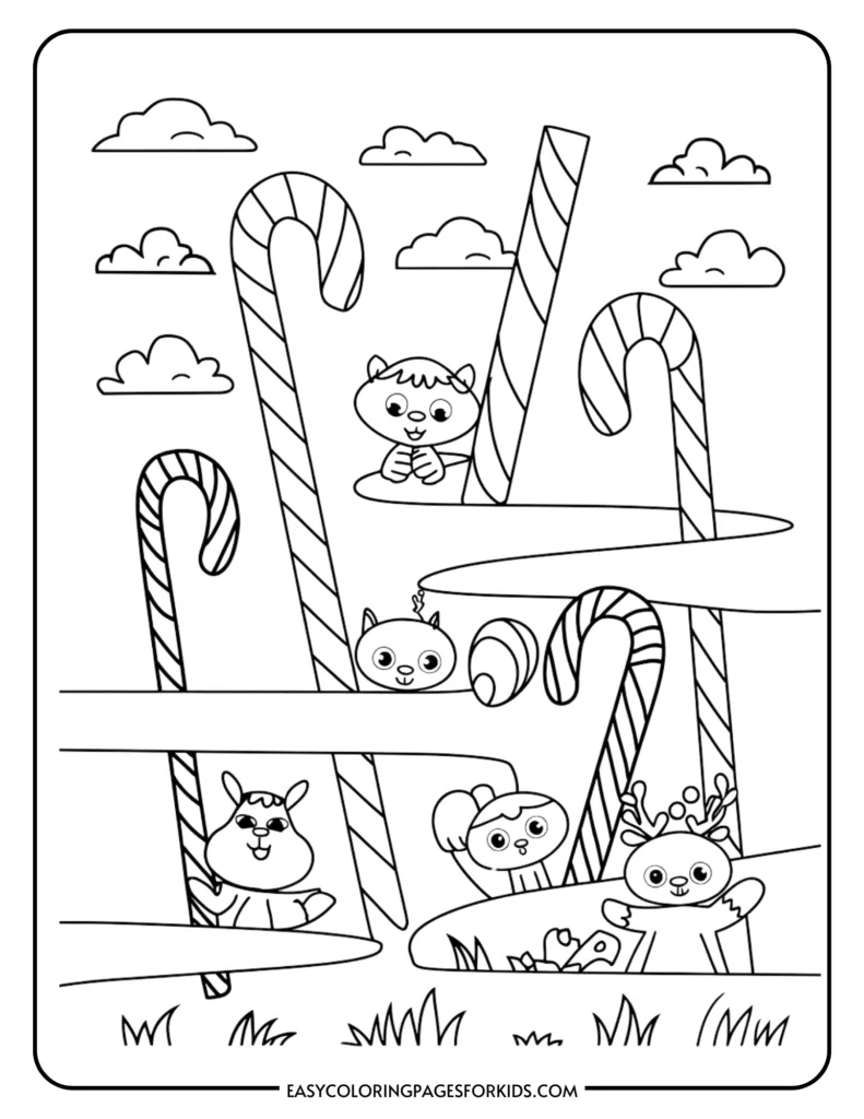 Coloring page featuring cute animals, including a bear, squirrel, and reindeer, playing around large striped candy canes under a cloudy sky. Ideal for kids' creative activities and holiday-themed coloring.