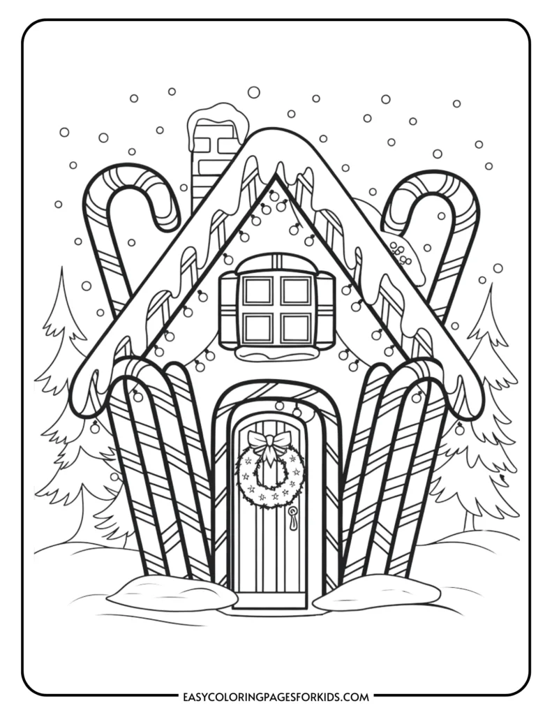 Coloring page of a whimsical gingerbread house decorated with candy canes, snow, and Christmas lights, surrounded by pine trees, perfect for holiday-themed activities for kids.