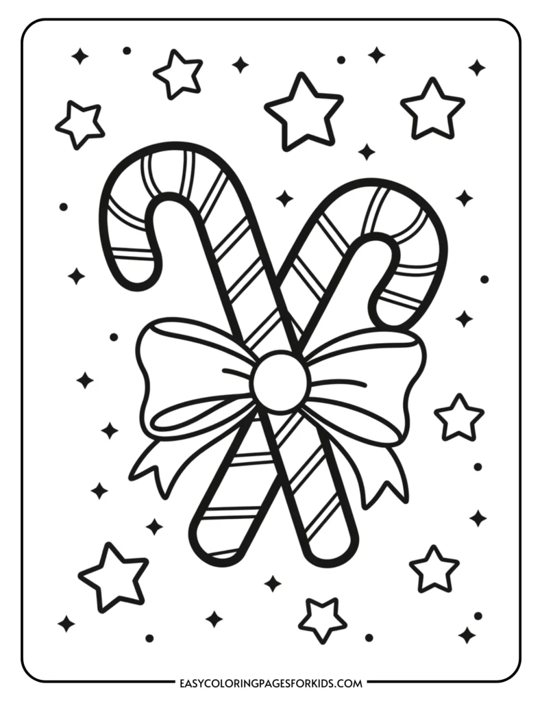 Coloring page featuring two candy canes tied with a bow, surrounded by stars and decorative elements, perfect for holiday-themed activities for kids.