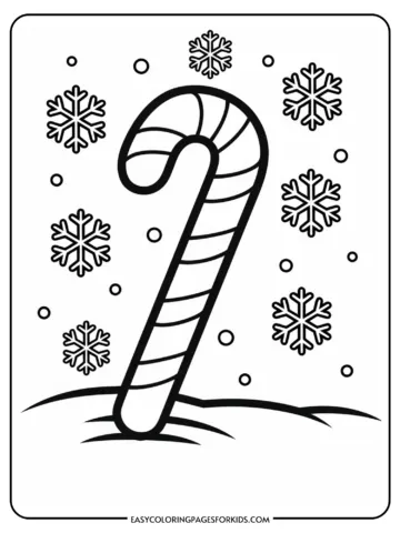 Black and white coloring page featuring a candy cane surrounded by snowflakes and falling snow, perfect for holiday-themed activities for kids.