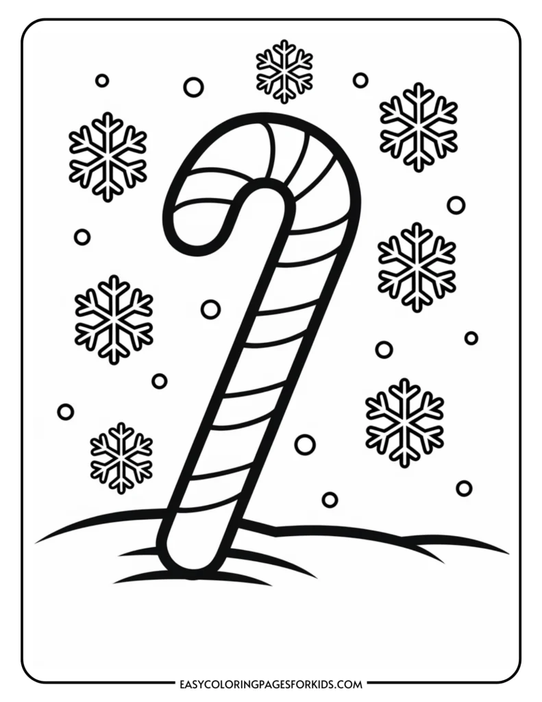 Black and white coloring page featuring a candy cane surrounded by snowflakes and falling snow, perfect for holiday-themed activities for kids.