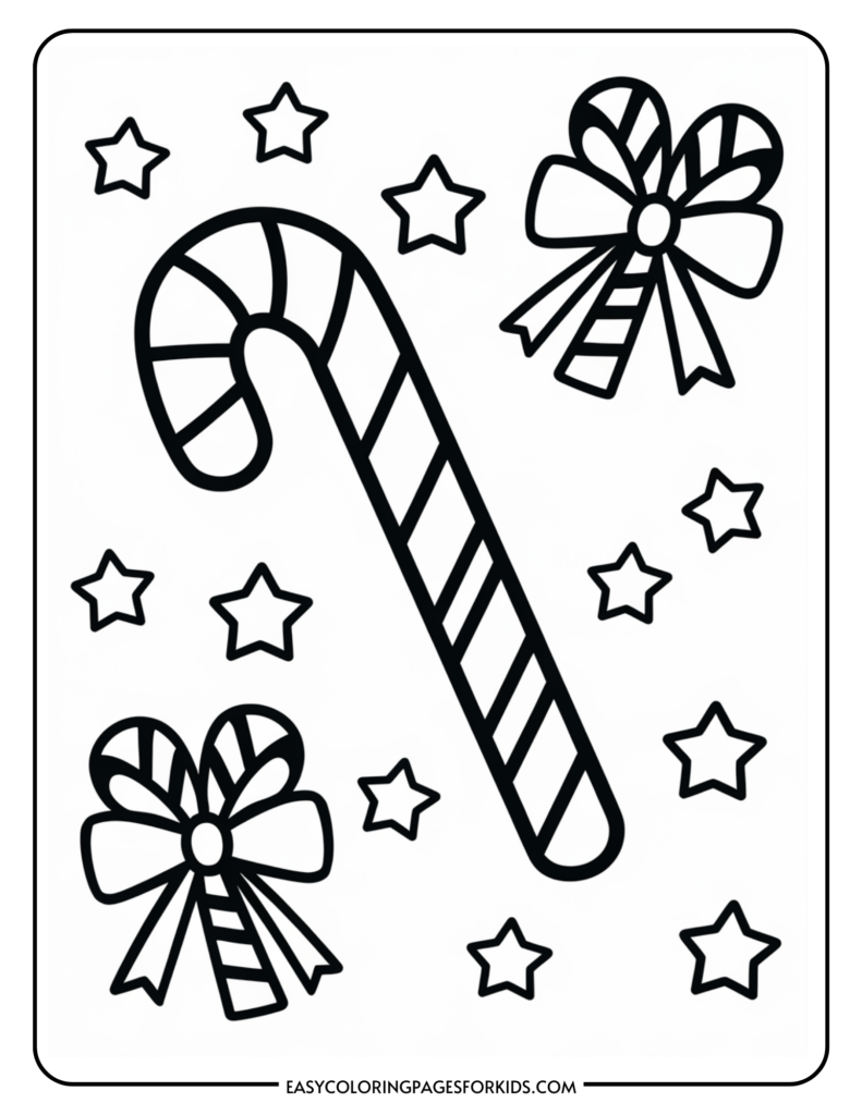 Black and white coloring page featuring a candy cane surrounded by festive bows and stars, perfect for holiday-themed art activities.