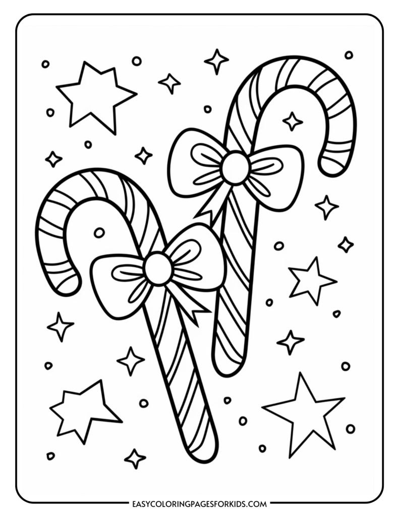 Black and white coloring page featuring two candy canes adorned with bows, surrounded by stars and dots, perfect for children's holiday-themed activities.