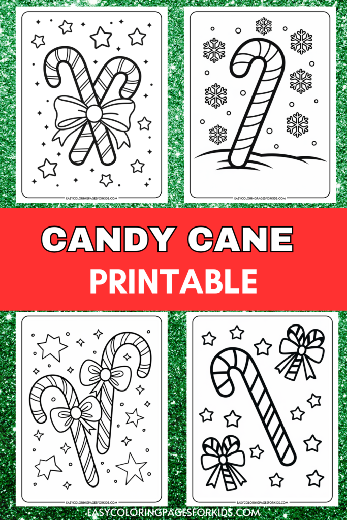 Printable candy cane coloring pages featuring festive designs with stars and bows, perfect for kids' holiday activities.