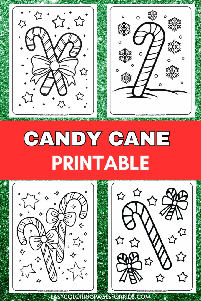 Printable candy cane coloring pages featuring festive designs with stars and bows, perfect for kids' holiday activities.