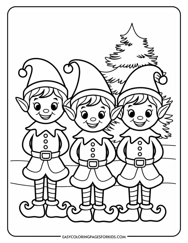 Three cheerful cartoon elves standing together in front of a Christmas tree, designed as a printable coloring page for kids.