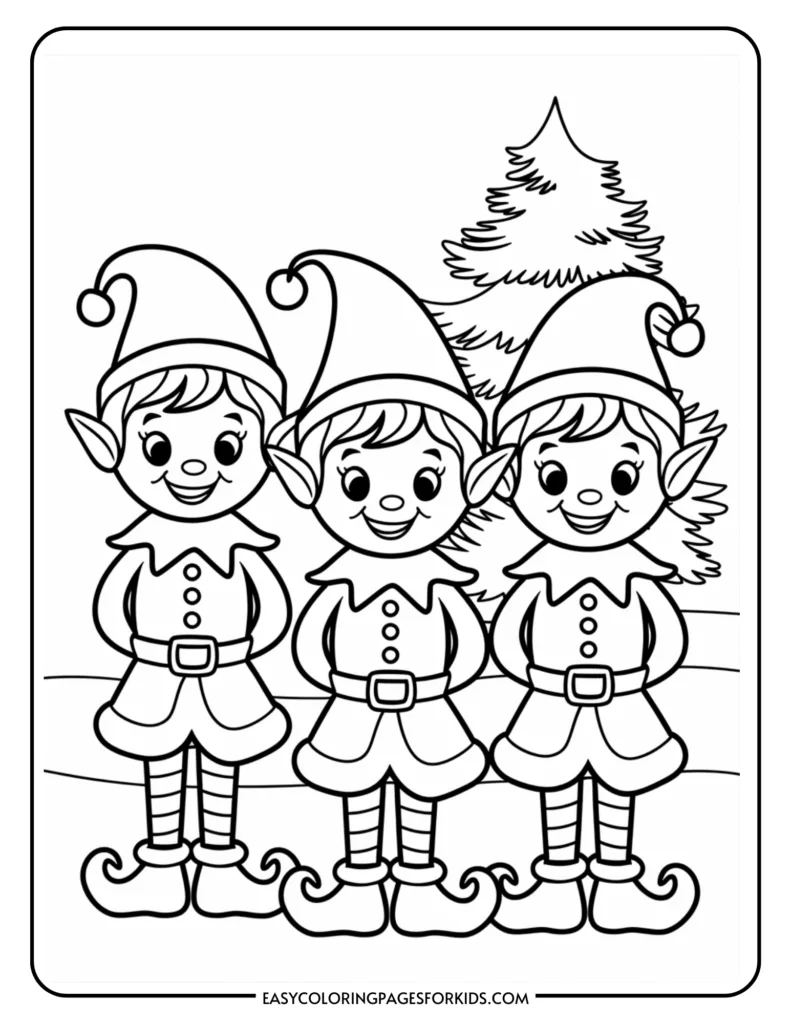 Three cheerful cartoon elves standing together in front of a Christmas tree, designed as a printable coloring page for kids.