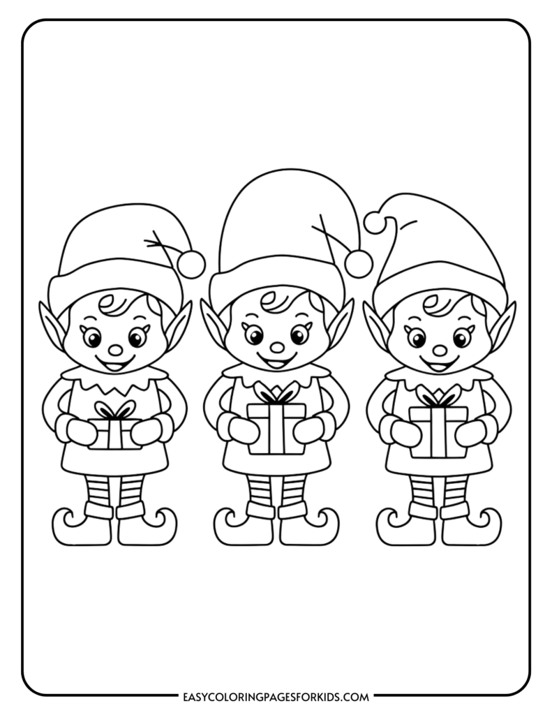 Three cheerful cartoon elves holding presents, wearing festive hats and striped stockings, designed for a coloring page suitable for kids.