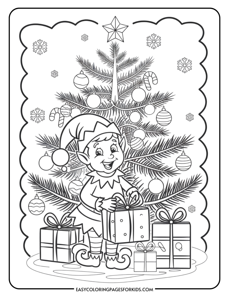 A cheerful elf holding a gift stands in front of a decorated Christmas tree with ornaments and snowflakes, ideal for a holiday coloring activity for kids.