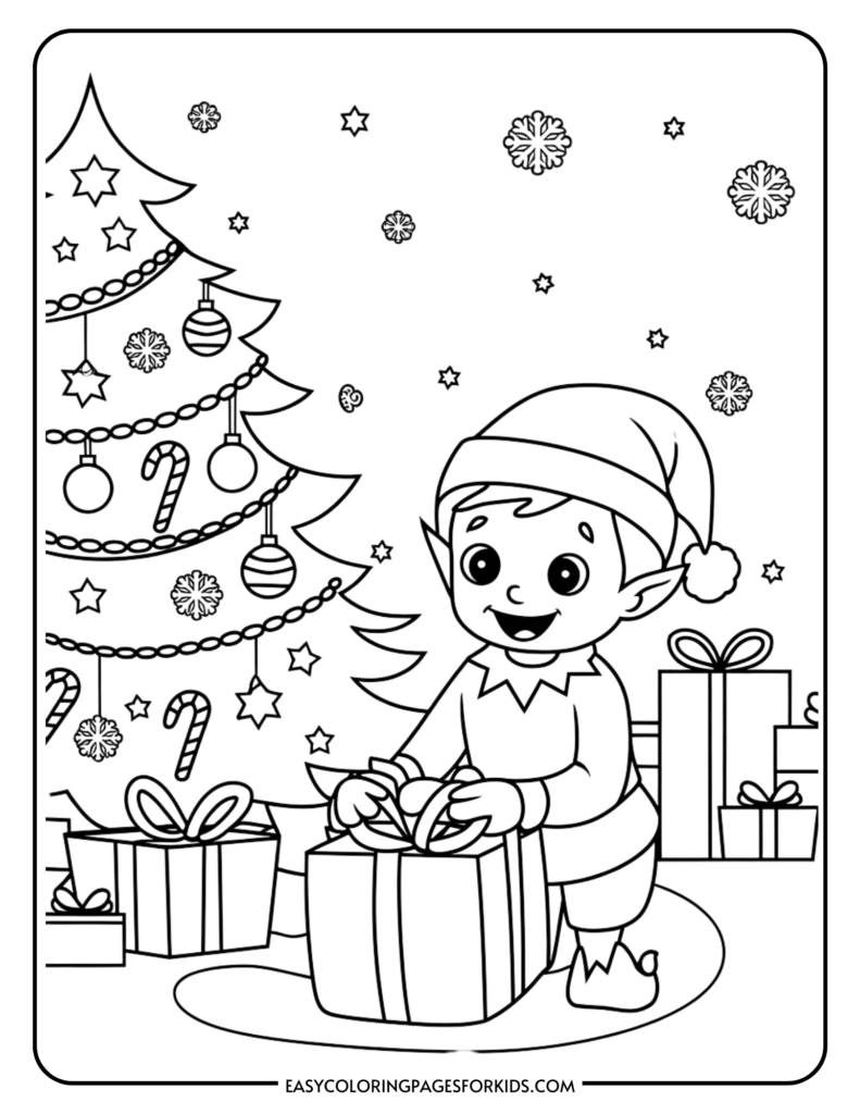 A cheerful cartoon elf in a festive setting, surrounded by colorful presents and a decorated Christmas tree, ready to open a gift. Ideal for holiday-themed coloring activities for children.