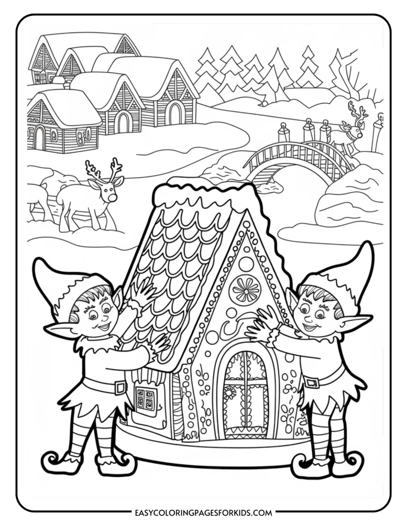 Two cheerful elves are decorating a gingerbread house in a snowy landscape, surrounded by quaint houses, trees, and a reindeer. This black and white coloring page is perfect for kids to enjoy during the holiday season.