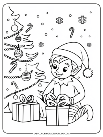 A cheerful elf sitting by a decorated Christmas tree, preparing to unwrap colorful presents. The scene includes festive elements like candy canes and snowflakes, ideal for a holiday-themed coloring activity for children.