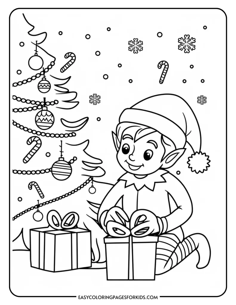 A cheerful elf sitting by a decorated Christmas tree, preparing to unwrap colorful presents. The scene includes festive elements like candy canes and snowflakes, ideal for a holiday-themed coloring activity for children.