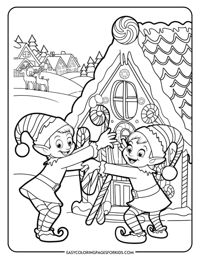 Two cheerful elves playfully holding candy canes in front of a whimsical gingerbread house, surrounded by a snowy landscape with trees and reindeer in the background. Ideal for holiday-themed coloring activities for kids.