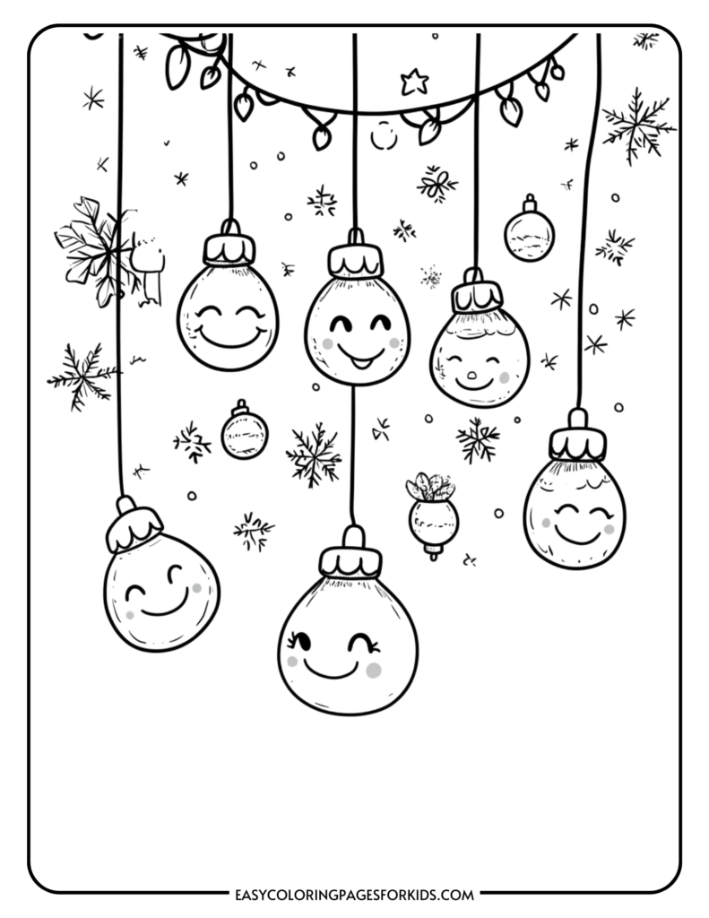 Coloring page featuring cheerful Christmas ornaments with smiling faces, hanging from strings, surrounded by snowflakes and festive decorations, perfect for kids' holiday activities.