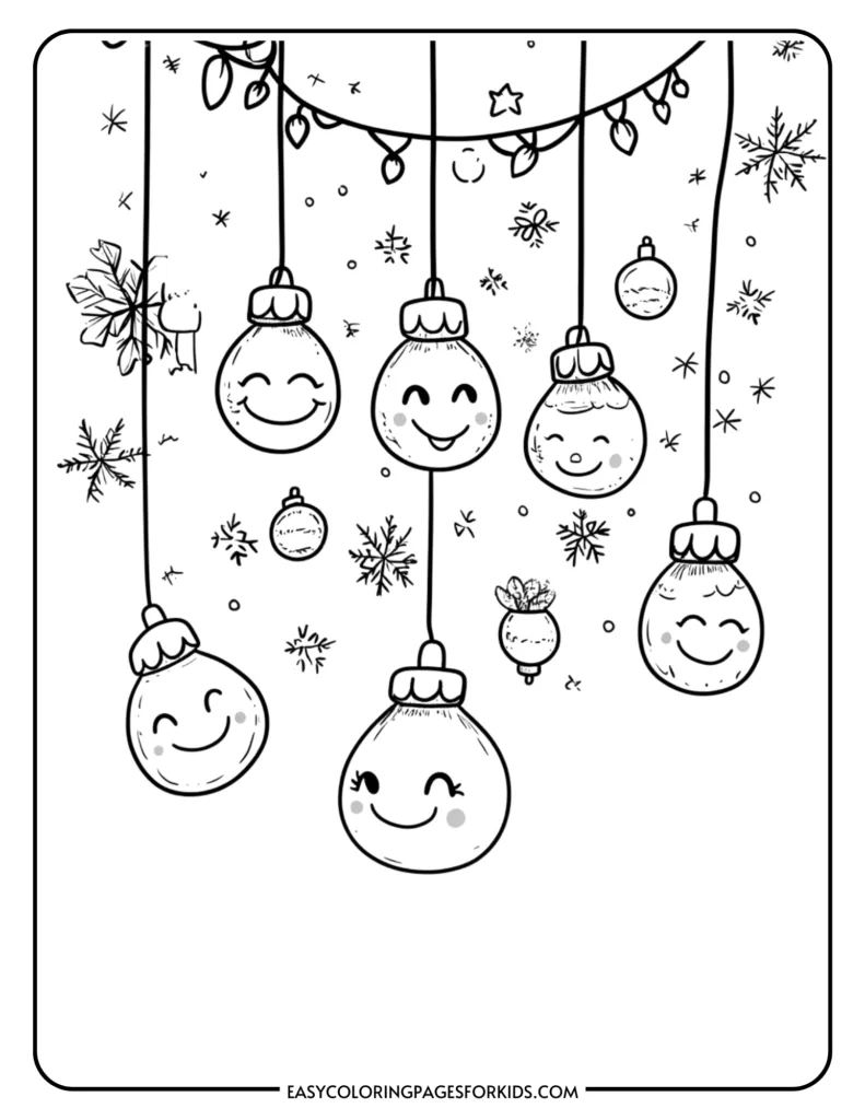 Coloring page featuring cheerful Christmas ornaments with smiling faces, hanging from strings, surrounded by snowflakes and festive decorations, perfect for kids' holiday activities.