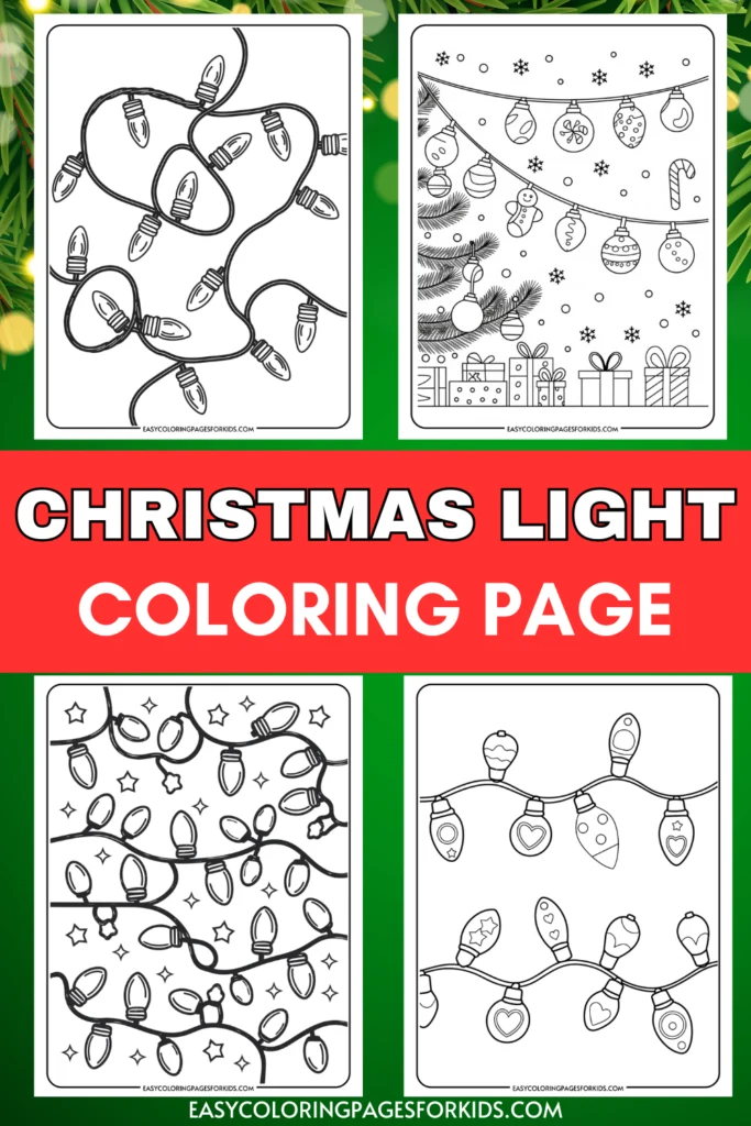 Coloring pages featuring Christmas lights, including various designs of string lights and holiday decorations, perfect for kids' festive activities.