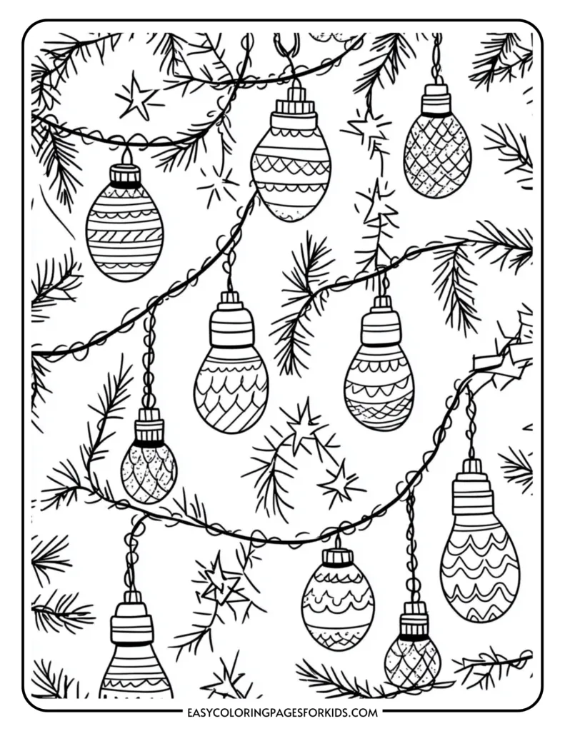 Black and white coloring page featuring Christmas ornaments hanging from a garland of pine branches, ideal for holiday-themed art activities for kids.