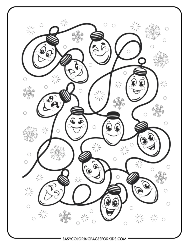 Coloring page featuring cheerful, cartoon-style Christmas lights with smiling faces, surrounded by snowflakes and decorative elements, perfect for kids' holiday activities.