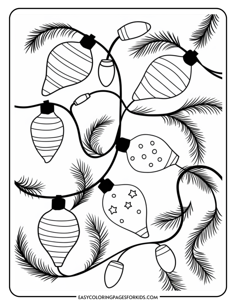 Black and white coloring page featuring decorative Christmas ornaments and string lights intertwined with pine branches, perfect for kids' holiday-themed art activities.