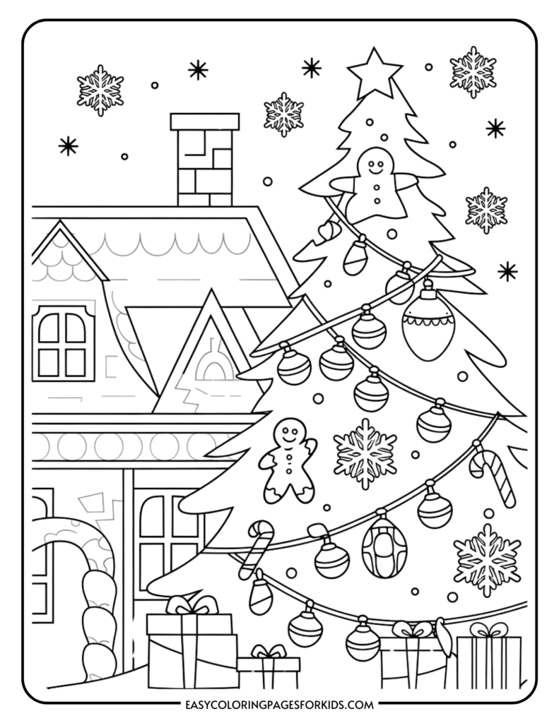 Black and white coloring page featuring a decorated Christmas tree with ornaments, a gingerbread man, snowflakes, and a cozy house with a chimney and presents underneath the tree. Ideal for children's holiday-themed coloring activities.