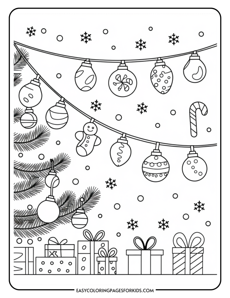 Black and white coloring page featuring a festive holiday scene with Christmas ornaments, a gingerbread man, candy cane, snowflakes, and wrapped presents under a decorated tree. Ideal for kids' holiday activities.