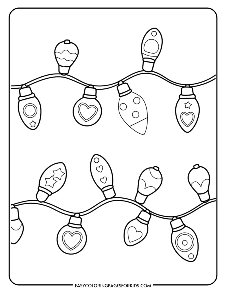 Coloring page featuring decorative Christmas lights with various shapes and patterns, perfect for kids' holiday-themed art activities.