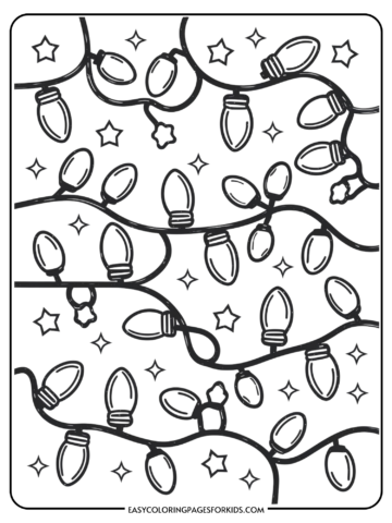 Black and white coloring page featuring decorative Christmas lights intertwined with stars, designed for kids to color and enjoy.