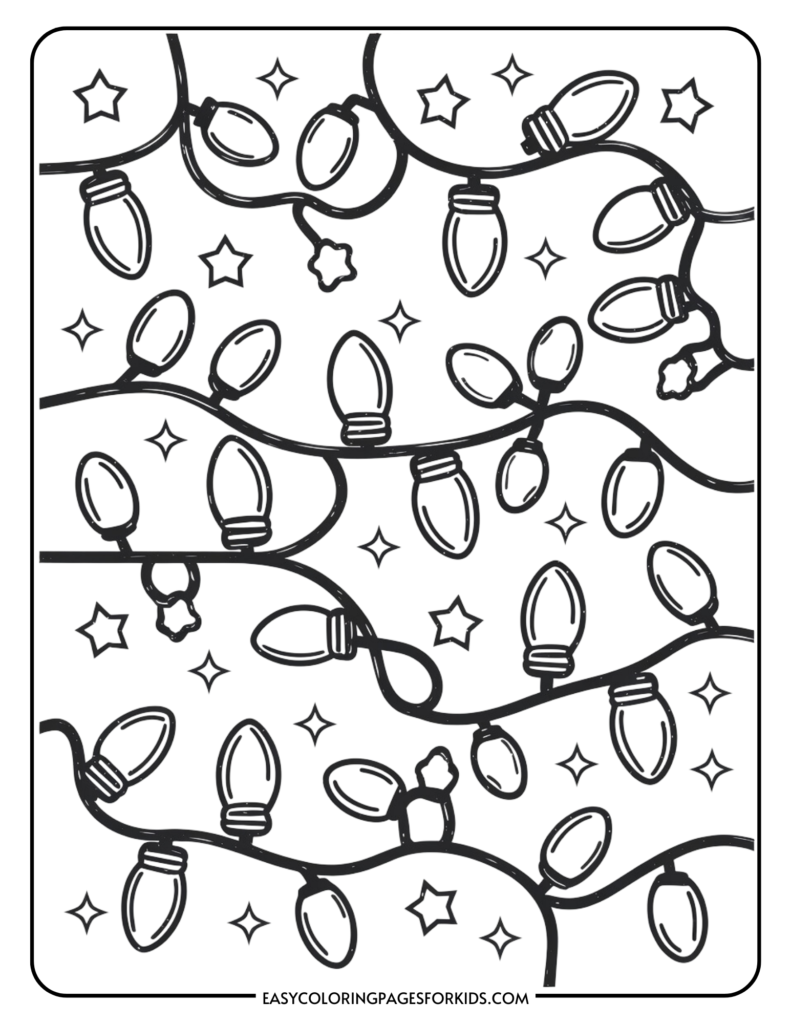 Black and white coloring page featuring decorative Christmas lights intertwined with stars, designed for kids to color and enjoy.