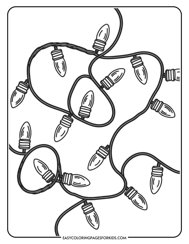 Coloring page featuring a tangled string of decorative holiday lights, ideal for kids' art activities and festive themes.