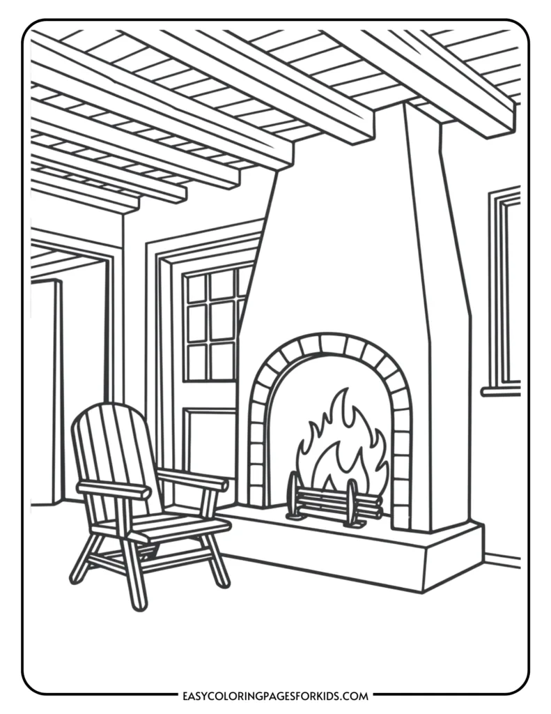 Cozy living room scene featuring a fireplace with flames, an armchair, and a wooden ceiling. Ideal for coloring activities for kids.