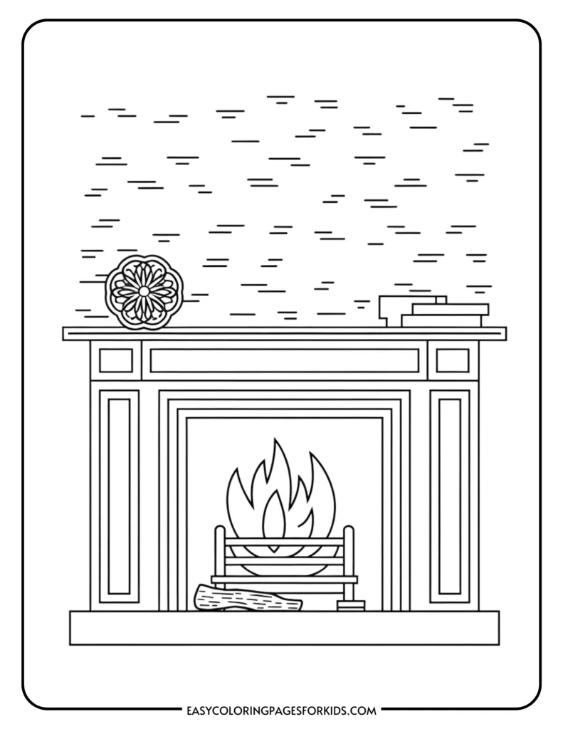 Line art illustration of a cozy fireplace with a roaring fire, decorative elements on the mantel, and a wooden log, perfect for coloring activities.